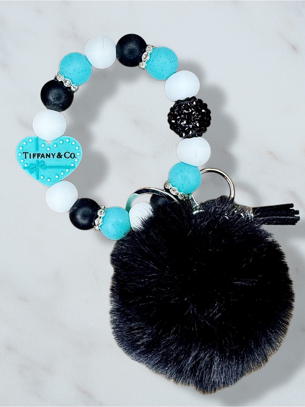 Fashion Tiffany&Co Heart Pom Pom Beaded Wristlet Keychain